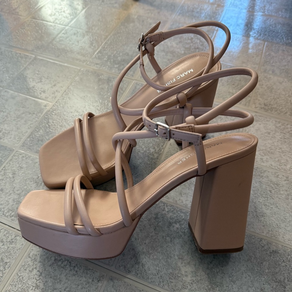 Marc Fisher Godea Light Natural Strappy Block Heels Sandals